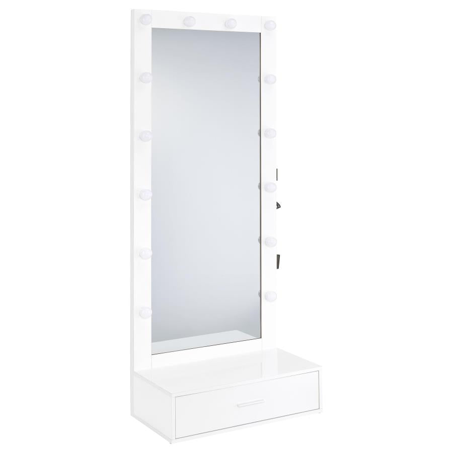 Spector White High Gloss 1-drawer Lighted Full-Length Floor Mirror by Coaster at Eve Furniture
