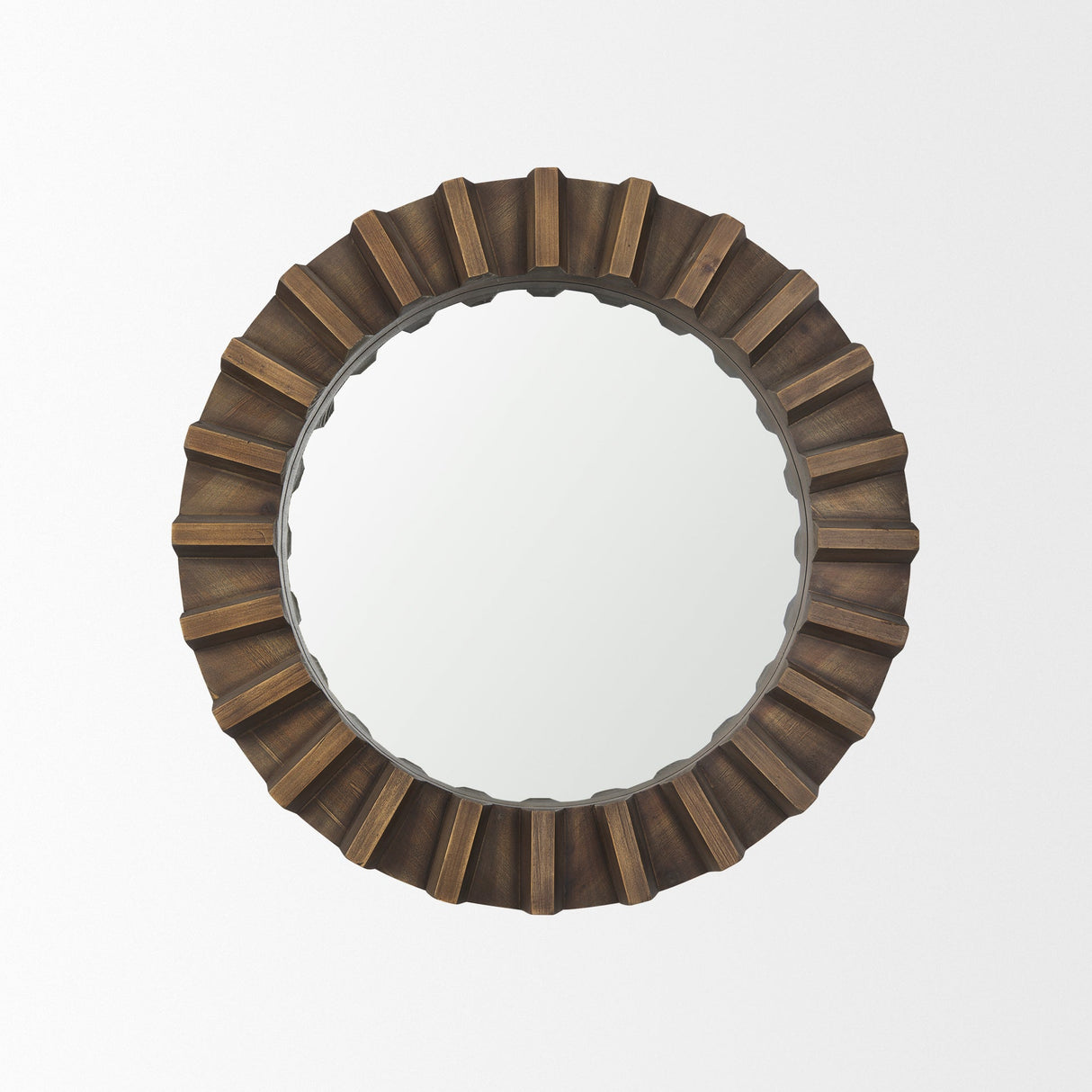 Sprocket Round Brown Wood Frame Mirror by Mercana at Eve Furniture