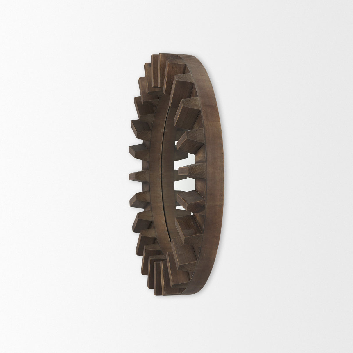 Sprocket Round Brown Wood Frame Mirror by Mercana at Eve Furniture