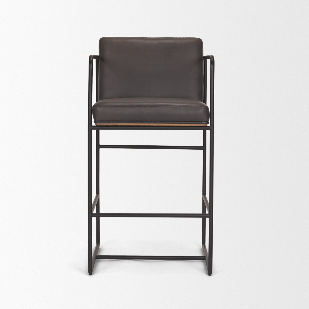 Stamford Charcoal-Brown Leather Seat w/ Wood Back Metal Counter Stool by Mercana at Eve Furniture