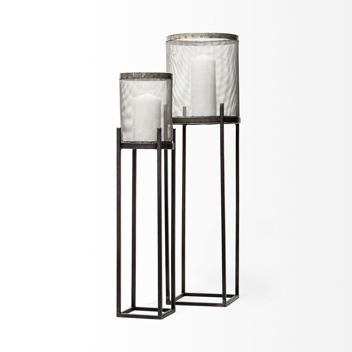 Steen Set of Two Black Meshed Metal Candle Holder Lanterns by Mercana at Eve Furniture