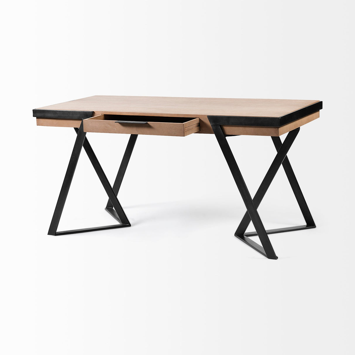 Steinbeck Light Brown Wooden Iron Frame Office Desk by Mercana at Eve Furniture