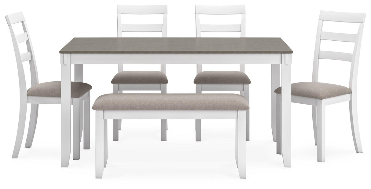 Stonehollow White/Gray Dining Table and 4 Chairs and Bench by Ashley at Eve Furniture