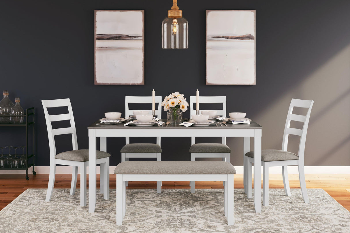 Stonehollow White/Gray Dining Table and 4 Chairs and Bench by Ashley at Eve Furniture
