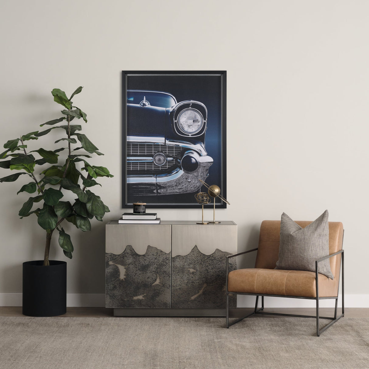 Stratton Gunmetal w/ Genuine Brown Leather Upholstered Accent Chair by Mercana at Eve Furniture
