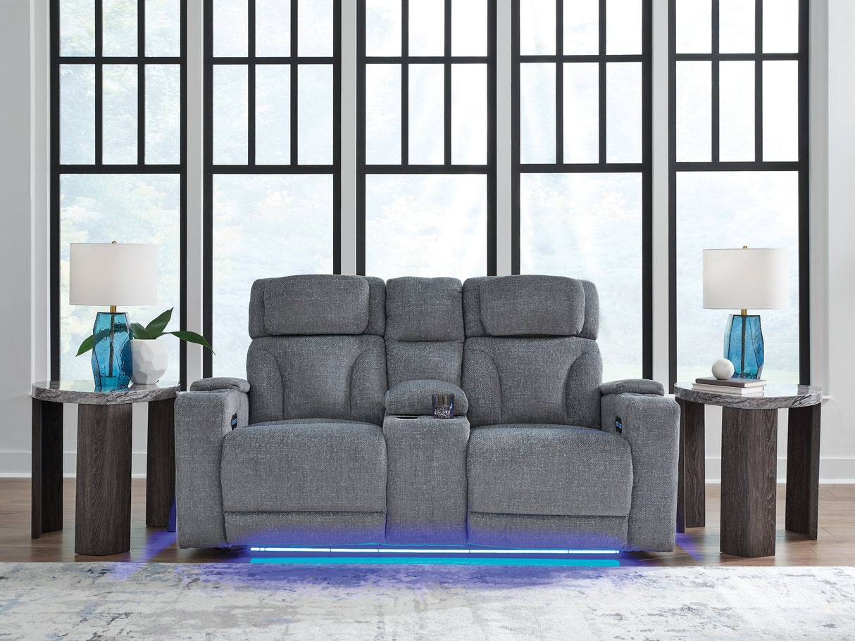 Studio Cave Steel Power Reclining Loveseat with Console by Ashley at Eve Furniture