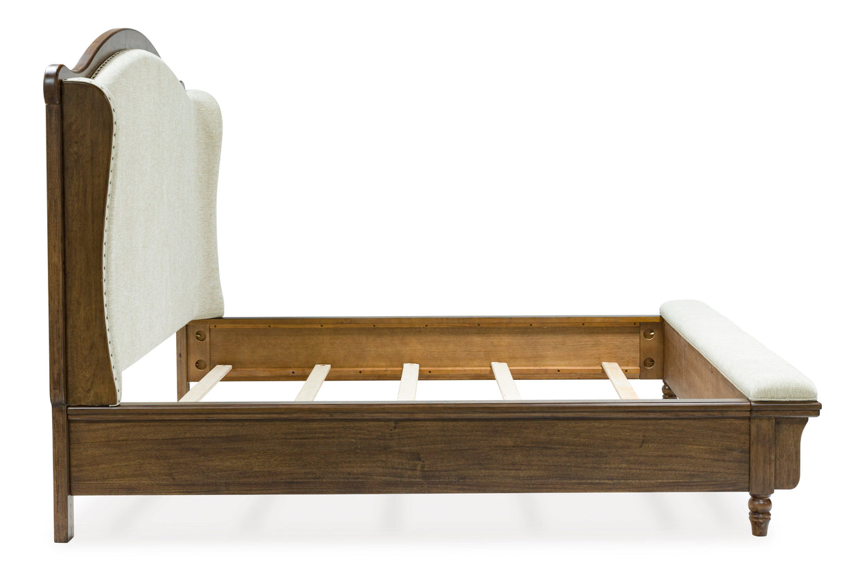 Sturlayne Brown King Upholstered Panel Bed with Footboard Bench by Ashley at Eve Furniture