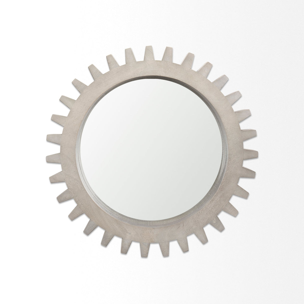 Sundance Cog Round Grey Wood Frame Mirror by Mercana at Eve Furniture