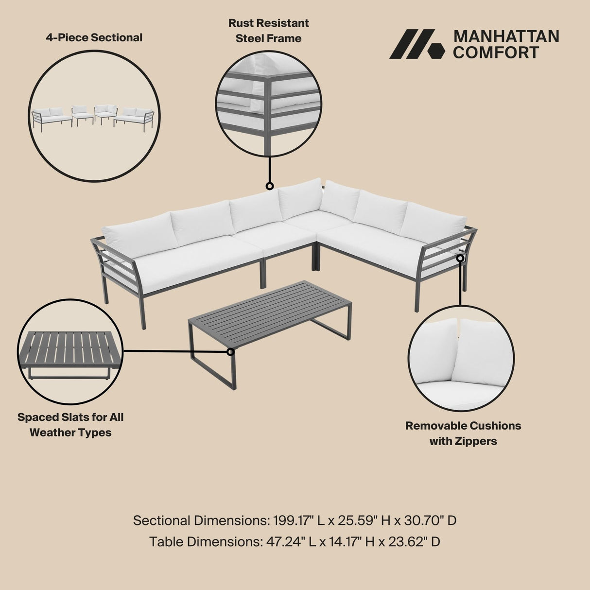 Sunnyside Corner Patio Conversation Set with Table in Grey on White by Manhattan Comfort at Eve Furniture