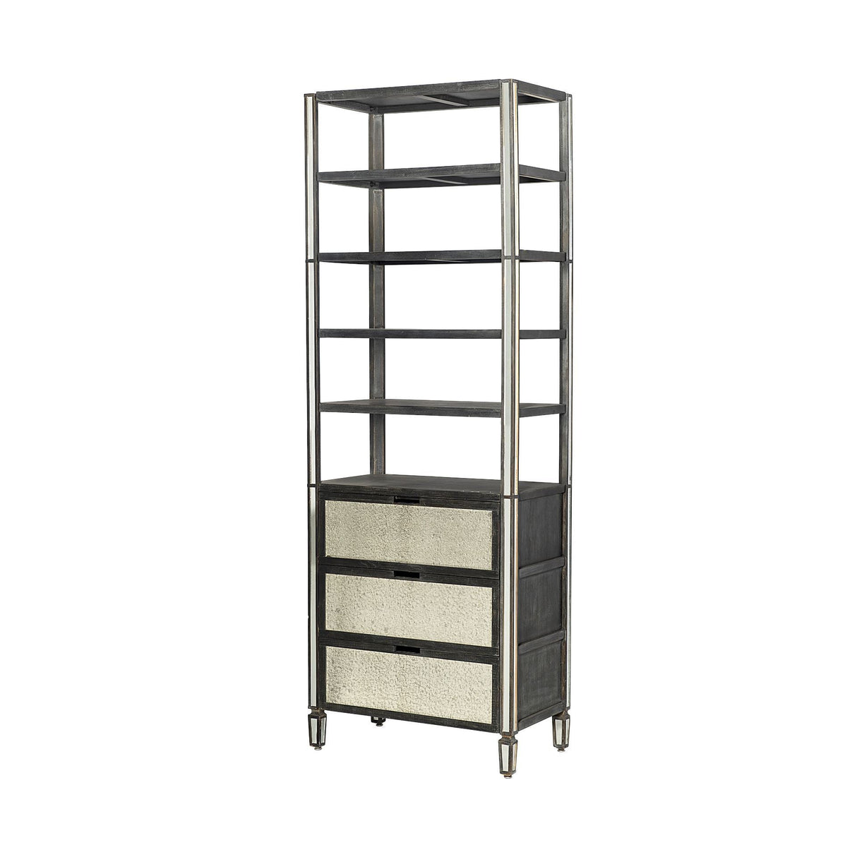 Sunnyvale Dark Brown Solid Wood and Mirrored Glass Four Shelf Shelving Unit by Mercana at Eve Furniture
