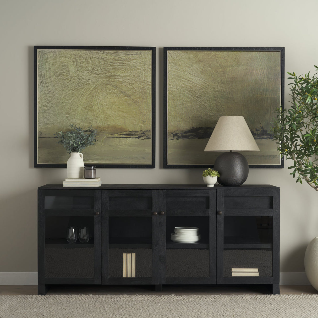 Suri Black Wood w/ Glass 4-Door Closed Sideboard by Mercana at Eve Furniture