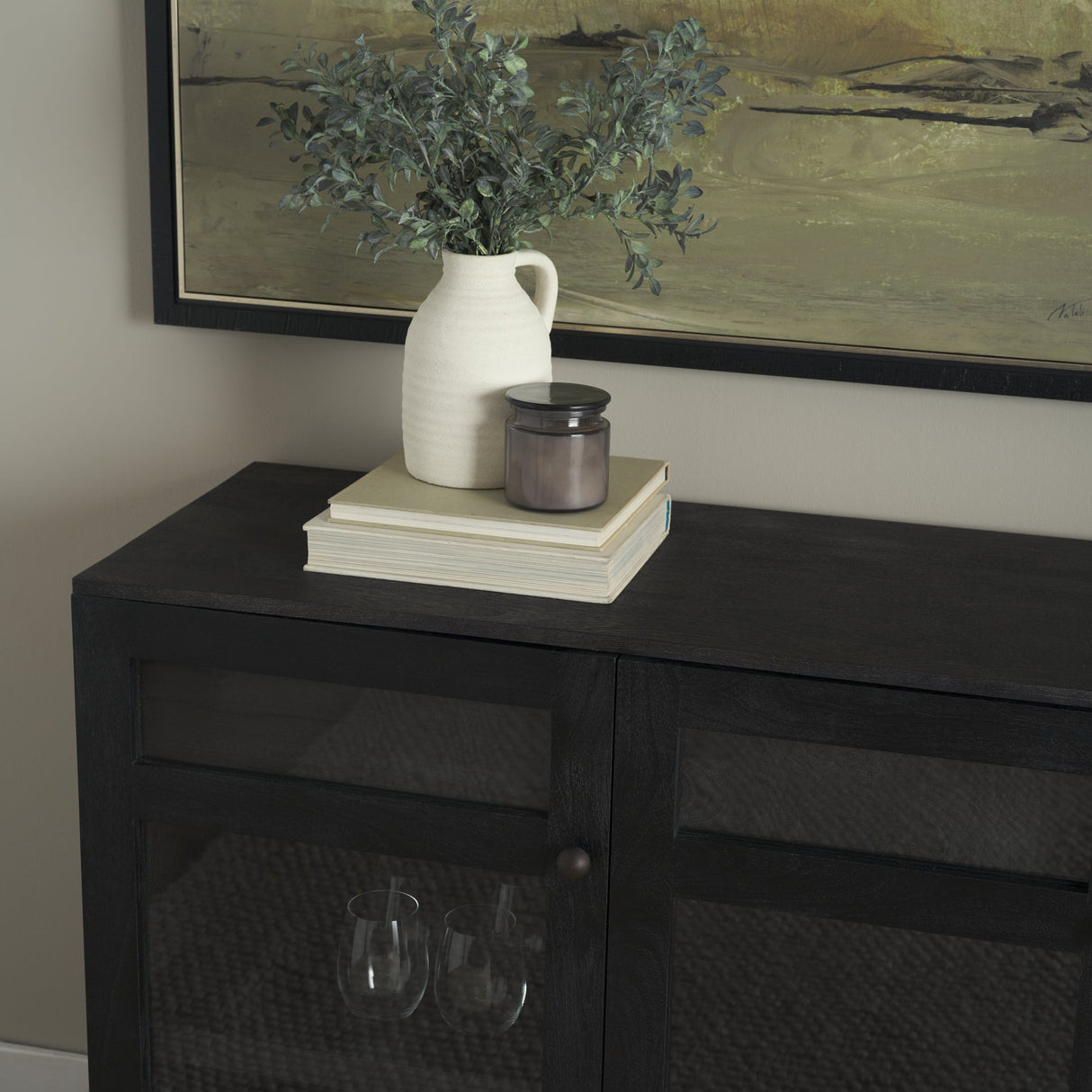Suri Black Wood w/ Glass 4-Door Closed Sideboard by Mercana at Eve Furniture