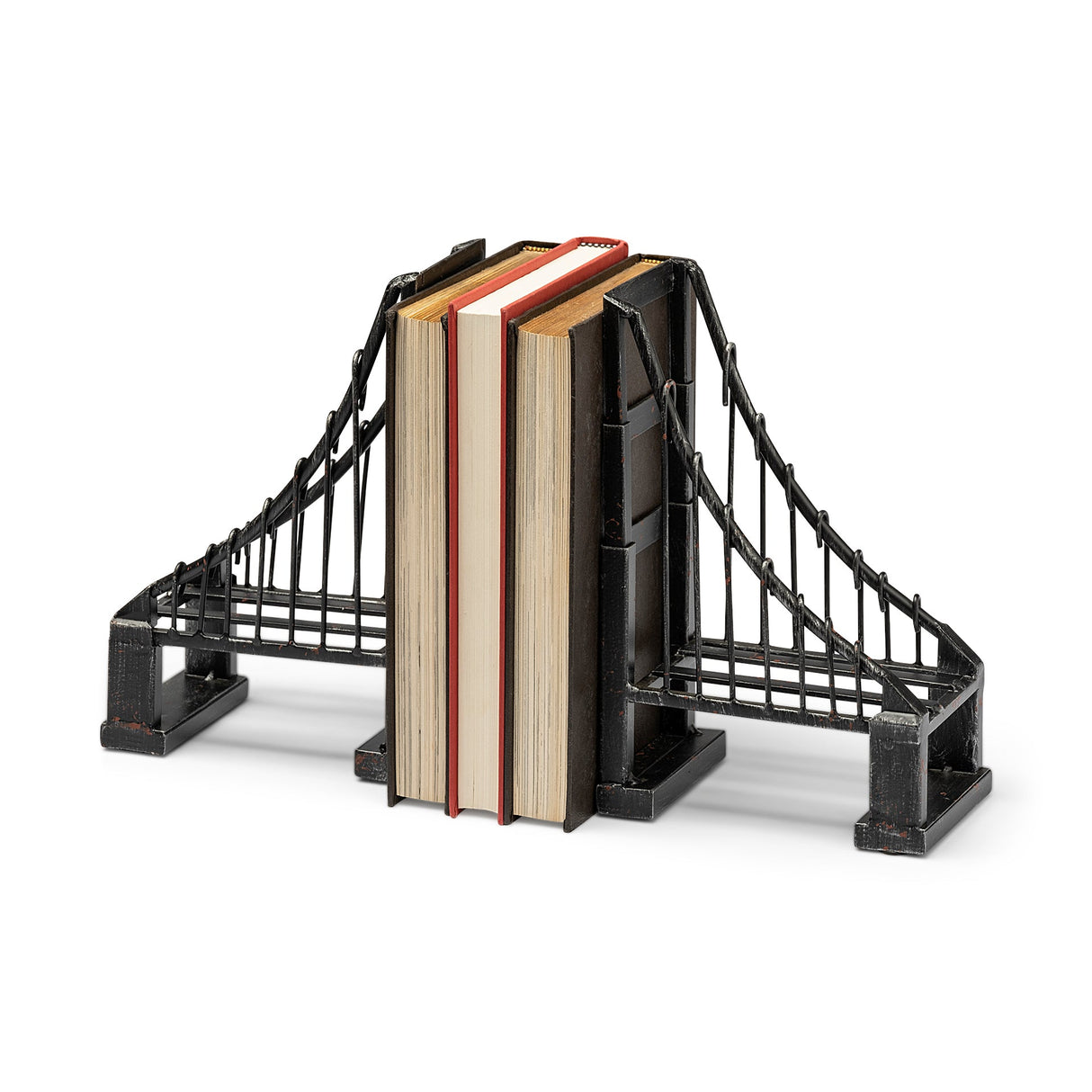Suspension Set of 2 19L x 4W Brown Wrought Iron Suspension Bridge Bookends by Mercana at Eve Furniture