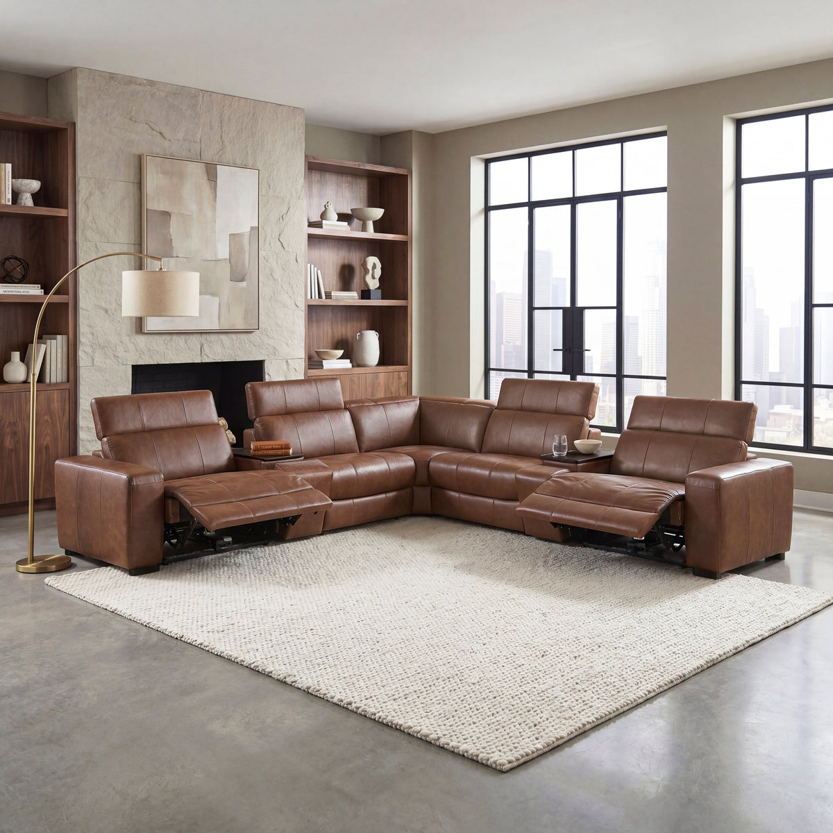 Sutton Brown 7-Piece Modular Power Reclining Sectional with Power Headrests and Charging Ports by Homelegance at Eve Furniture