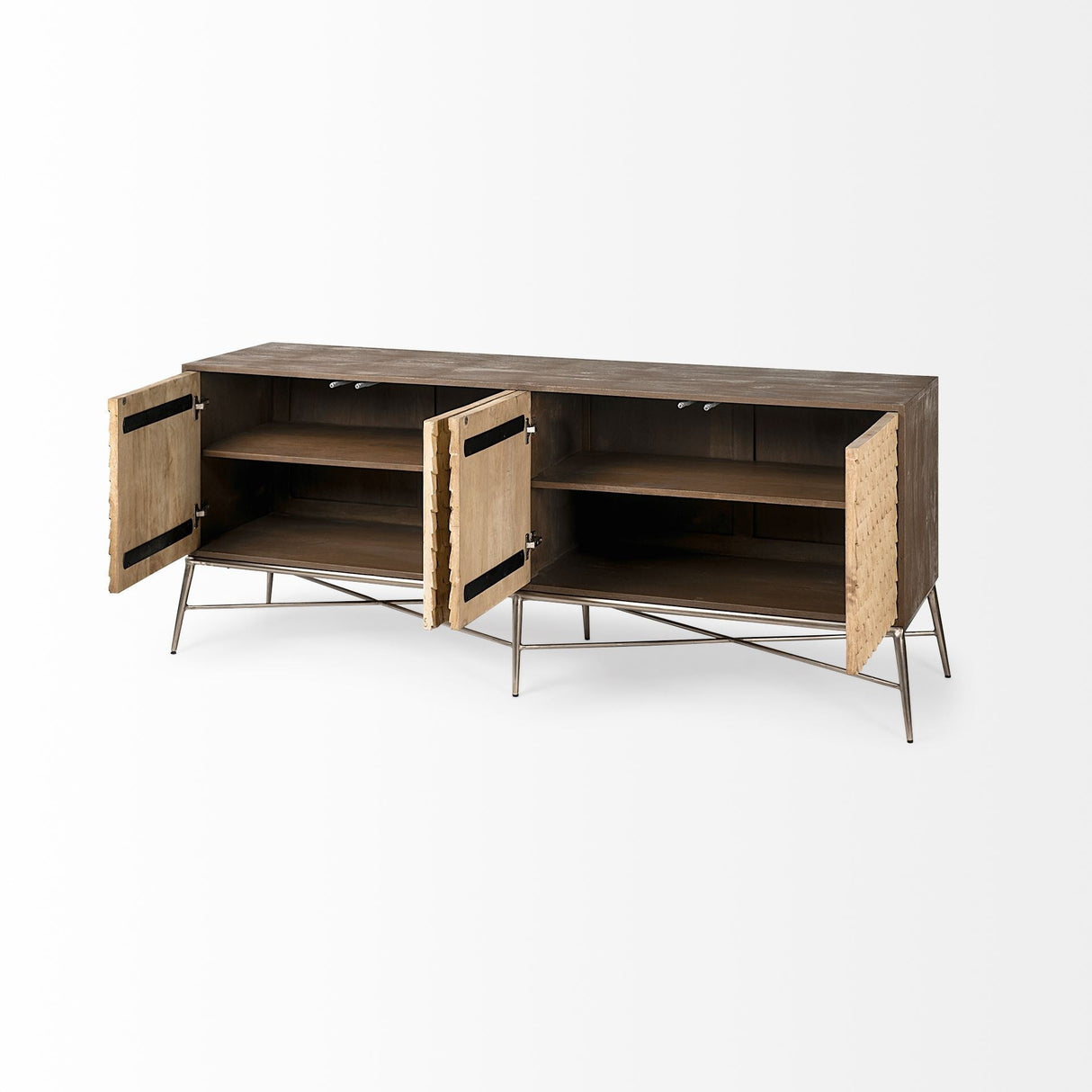 Swordfish 72L x 19W x 30.25H Two-Tone Brown Wood Cabinet Silver Metal Base 4 Cabinet Door Sideboard by Mercana at Eve Furniture
