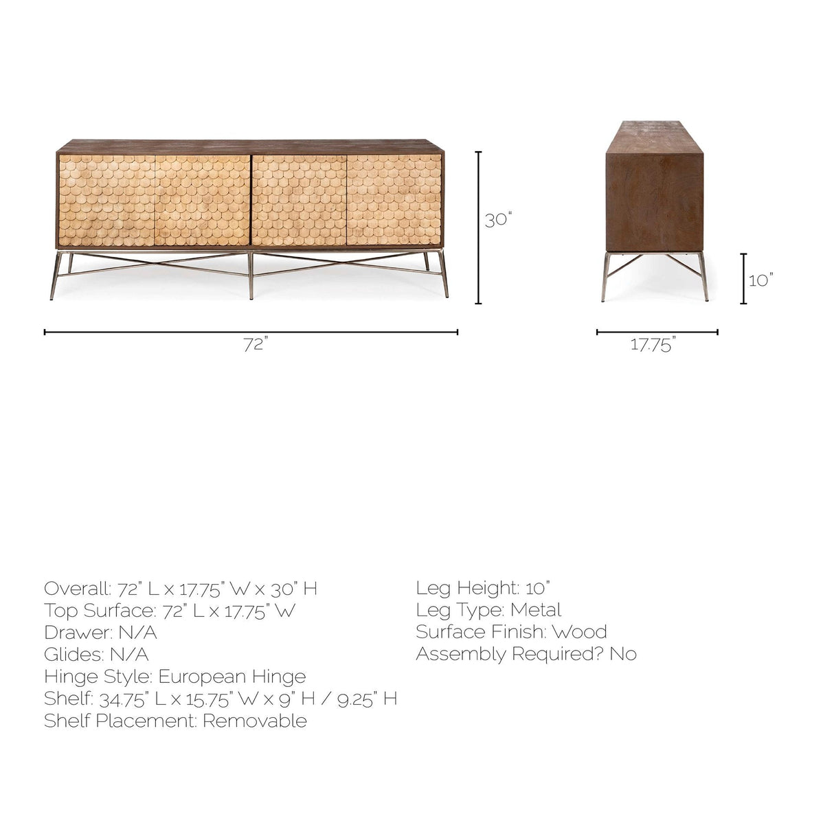 Swordfish Two-Tone Brown Wood Cabinet Silver Metal Base 4 Cabinet Door Sideboard by Mercana at Eve Furniture