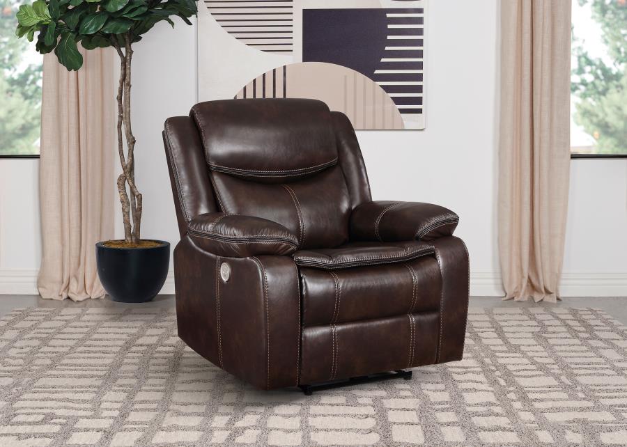 Sycamore Dark Brown Upholstered Power Recliner Chair by Coaster at Eve Furniture
