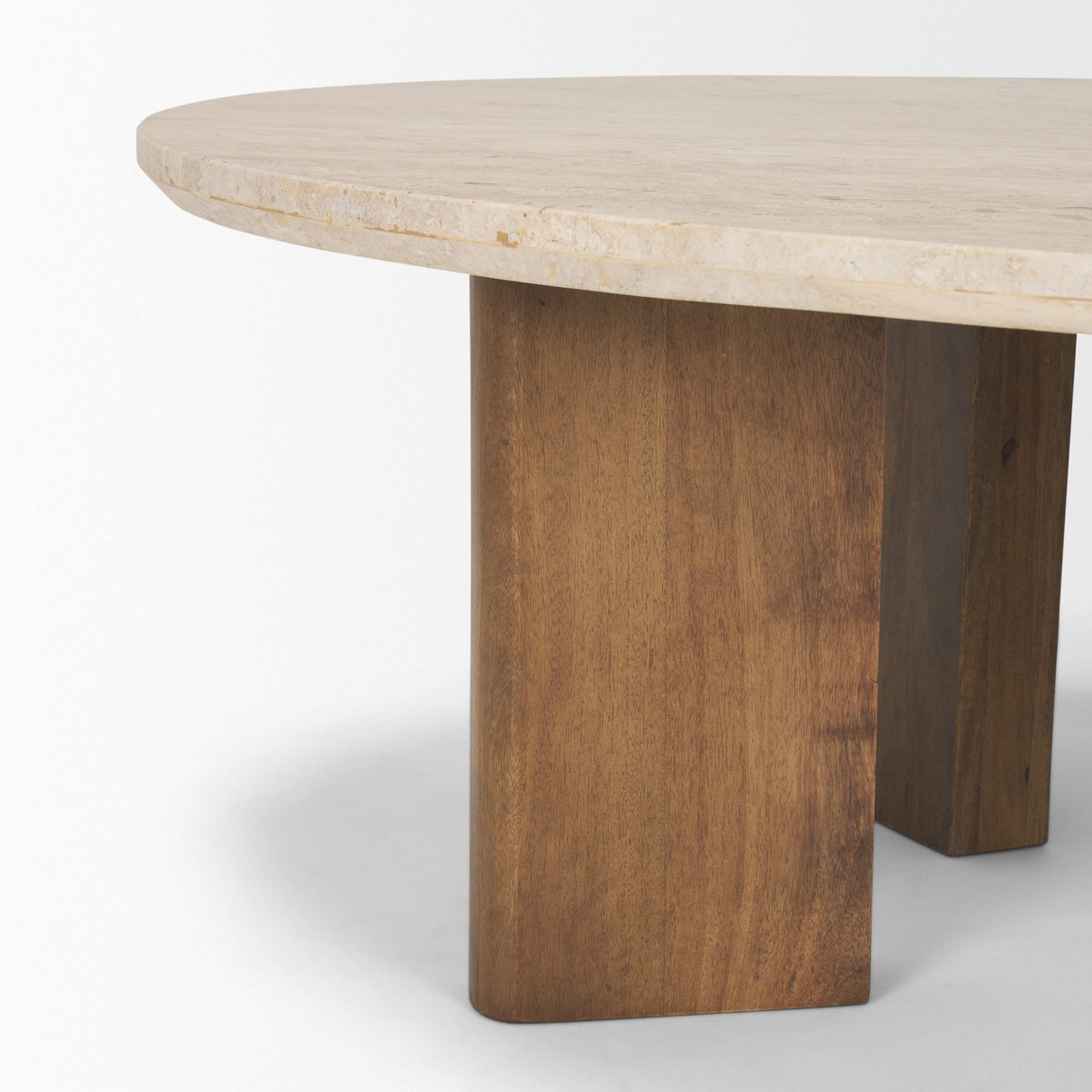 Syona Travertine + Mango Wood leg Oval Coffee table by Mercana at Eve Furniture