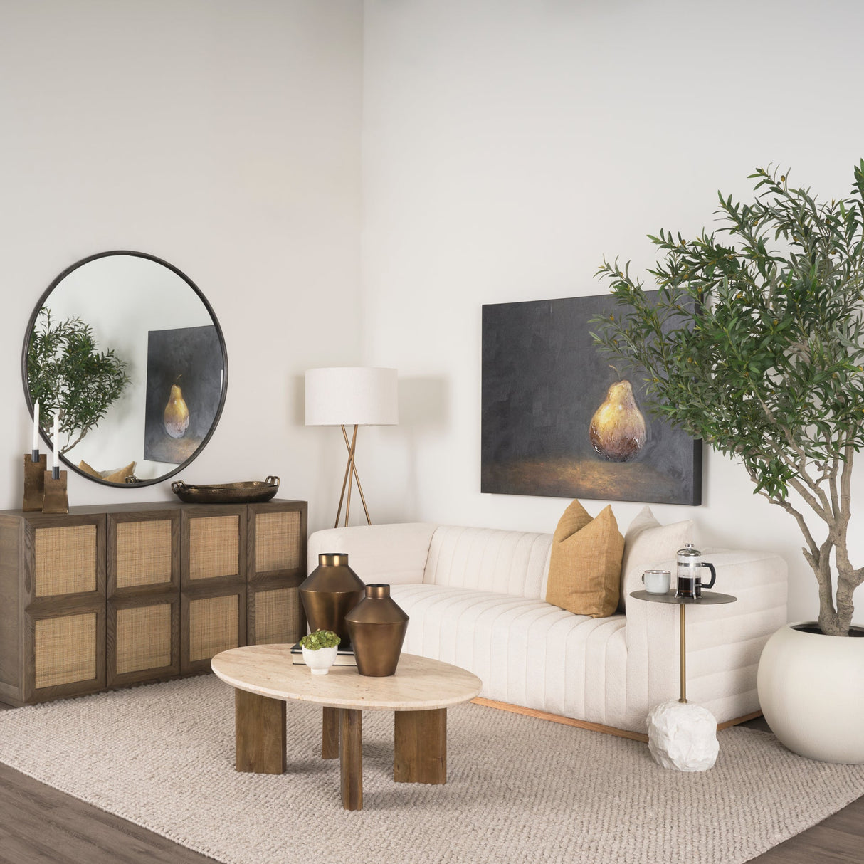 Syona Travertine + Mango Wood leg Oval Coffee table by Mercana at Eve Furniture