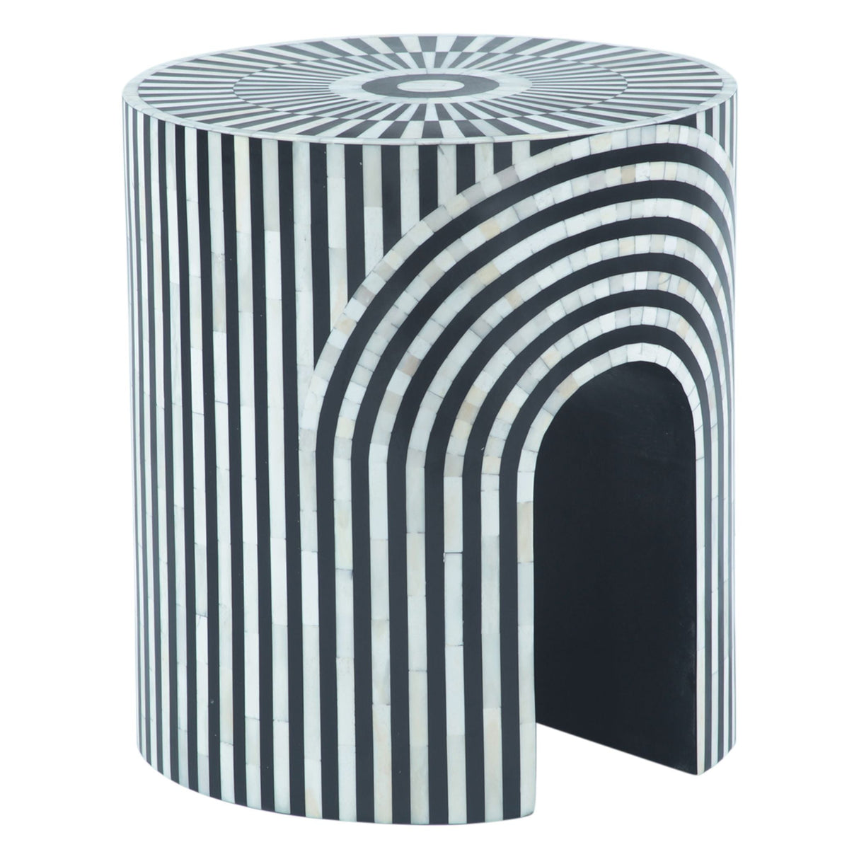 Taara 18" Round Side Table in Black and White Striped Pattern