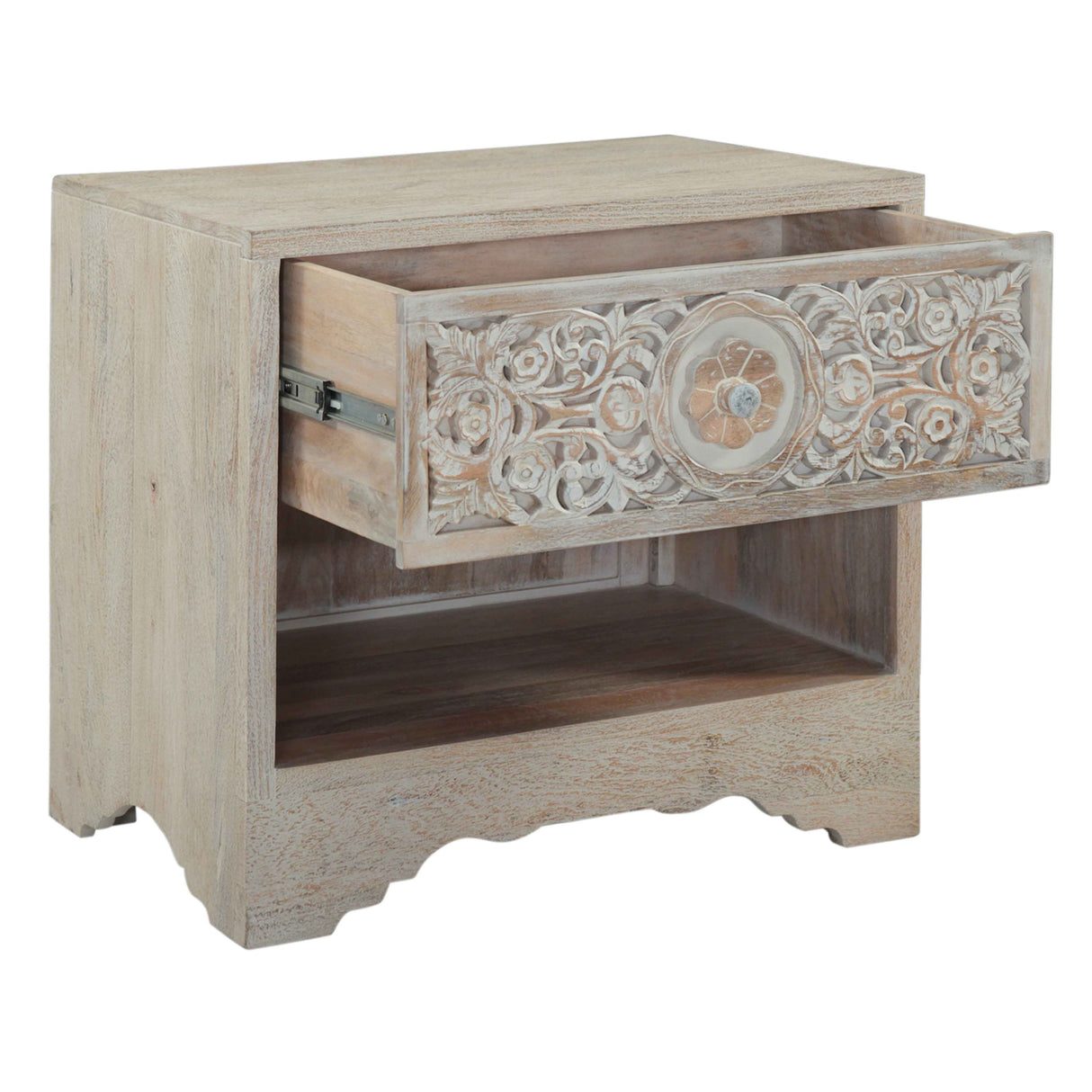 Taj 26" Nightstand with Plinth Base in Carved Heirloom White by Home Trends & Design at Eve Furniture