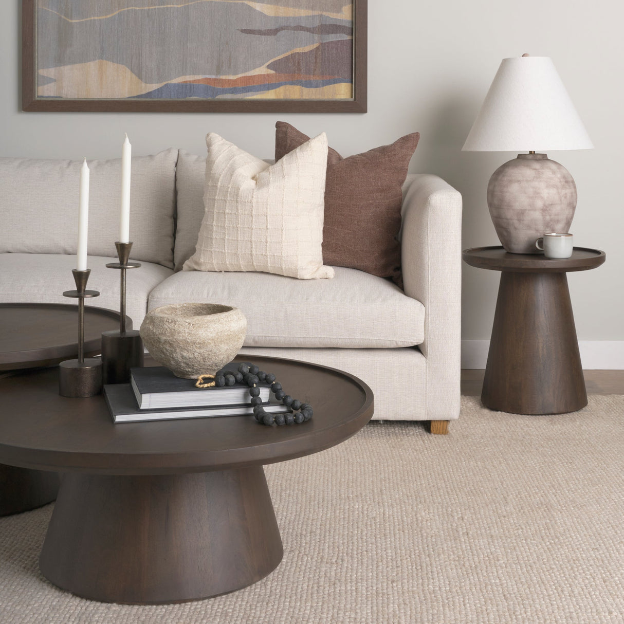 Takoda Dark Brown Wood Tapered Drum Nesting Coffee Tables by Mercana at Eve Furniture