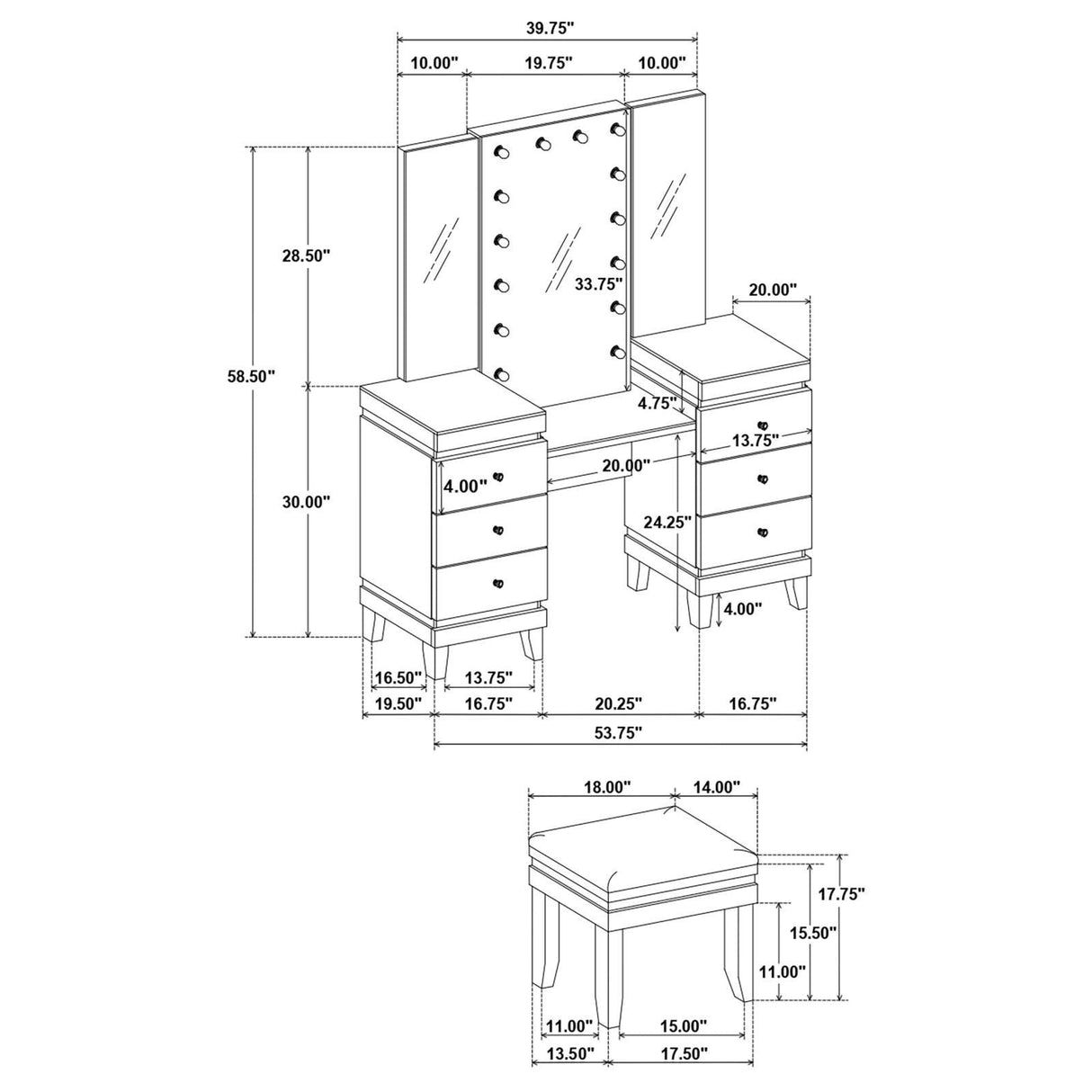 Talei Black and White 6-drawer Vanity Set with Hollywood Lighting by Coaster at Eve Furniture