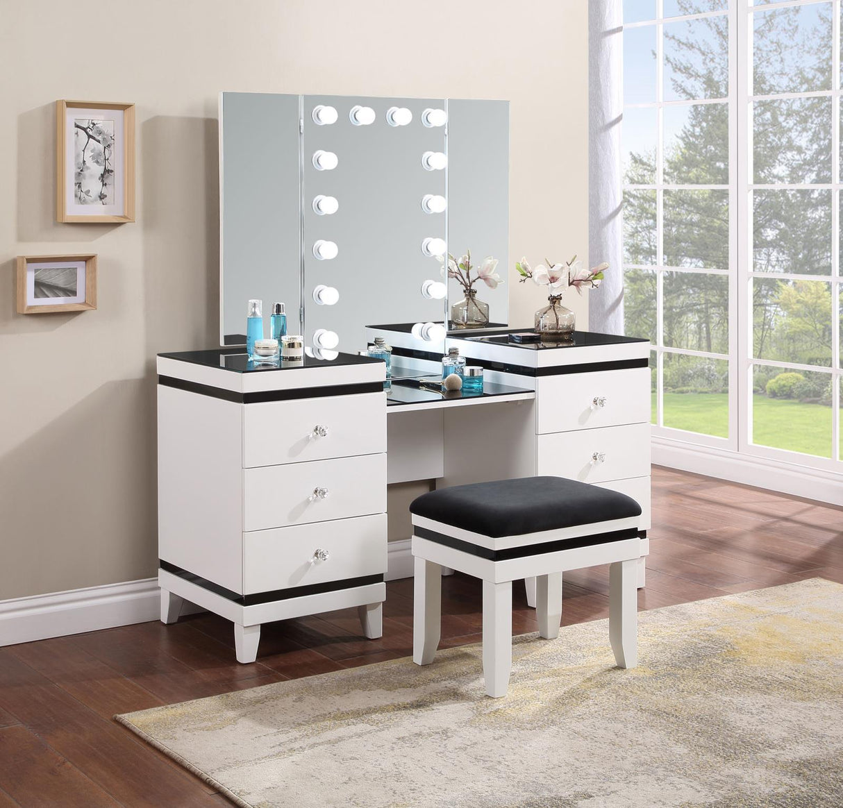 Talei Black and White 6-drawer Vanity Set with Hollywood Lighting by Coaster at Eve Furniture
