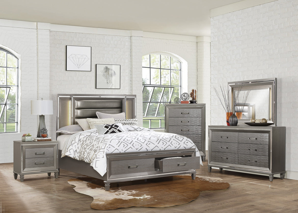 Tamsin Silver/Gray Metallic California King LED Upholstered Storage Platform Bed by Homelegance at Eve Furniture