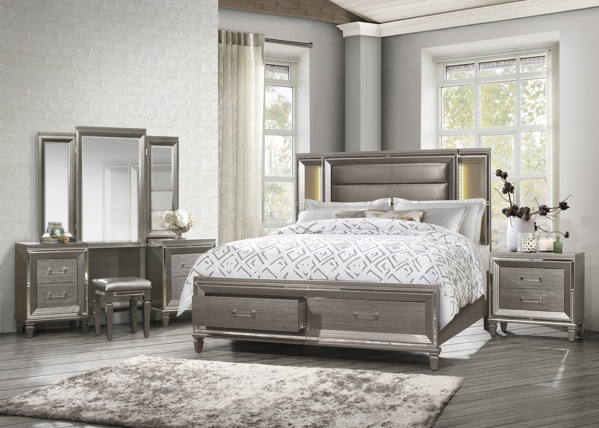 Tamsin Silver/Gray Metallic California King LED Upholstered Storage Platform Bed by Homelegance at Eve Furniture