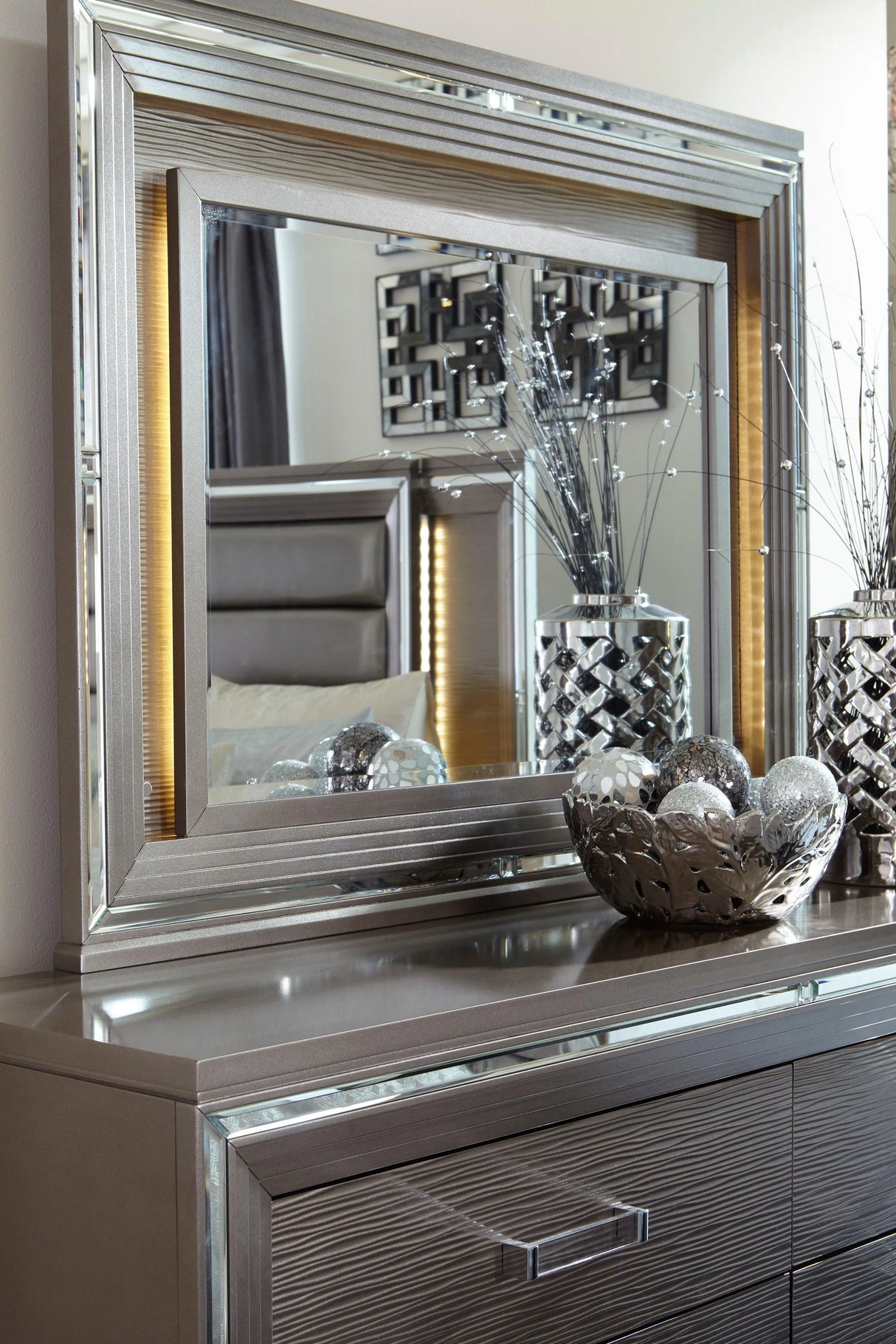 Tamsin Silver/Gray Metallic LED Upholstered Storage Platform Bedroom Set by Homelegance at Eve Furniture