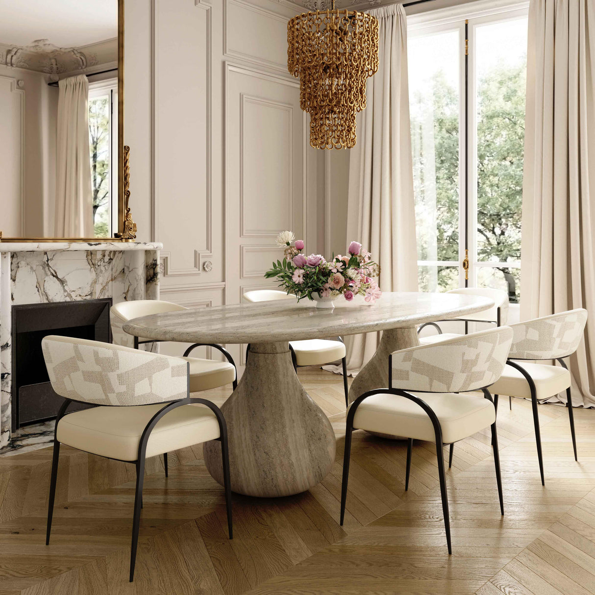 Tatum Cream Vegan Leather and 2-Tone Jacquard Dining Chair by TOV Furniture at Eve Furniture