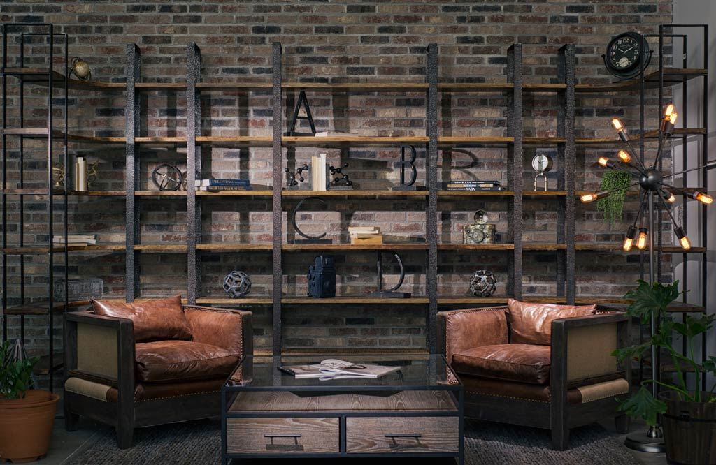 Taunton I Brown Wood and Black Iron Six Shelving Unit by Mercana at Eve Furniture