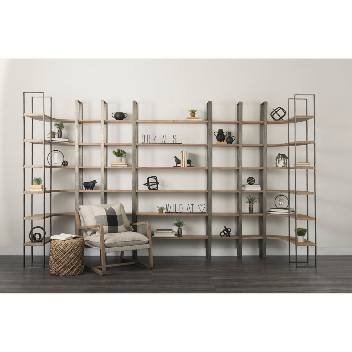 Taunton Medium Brown Wood W/ Antique Nickel Metal Frame 6 Tier Shelving Unit by Mercana at Eve Furniture