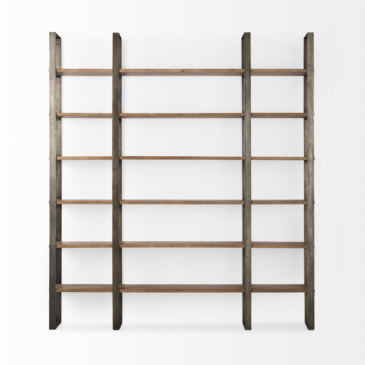 Taunton Medium Brown Wood W/ Antique Nickel Metal Frame 6 Tier Shelving Unit by Mercana at Eve Furniture