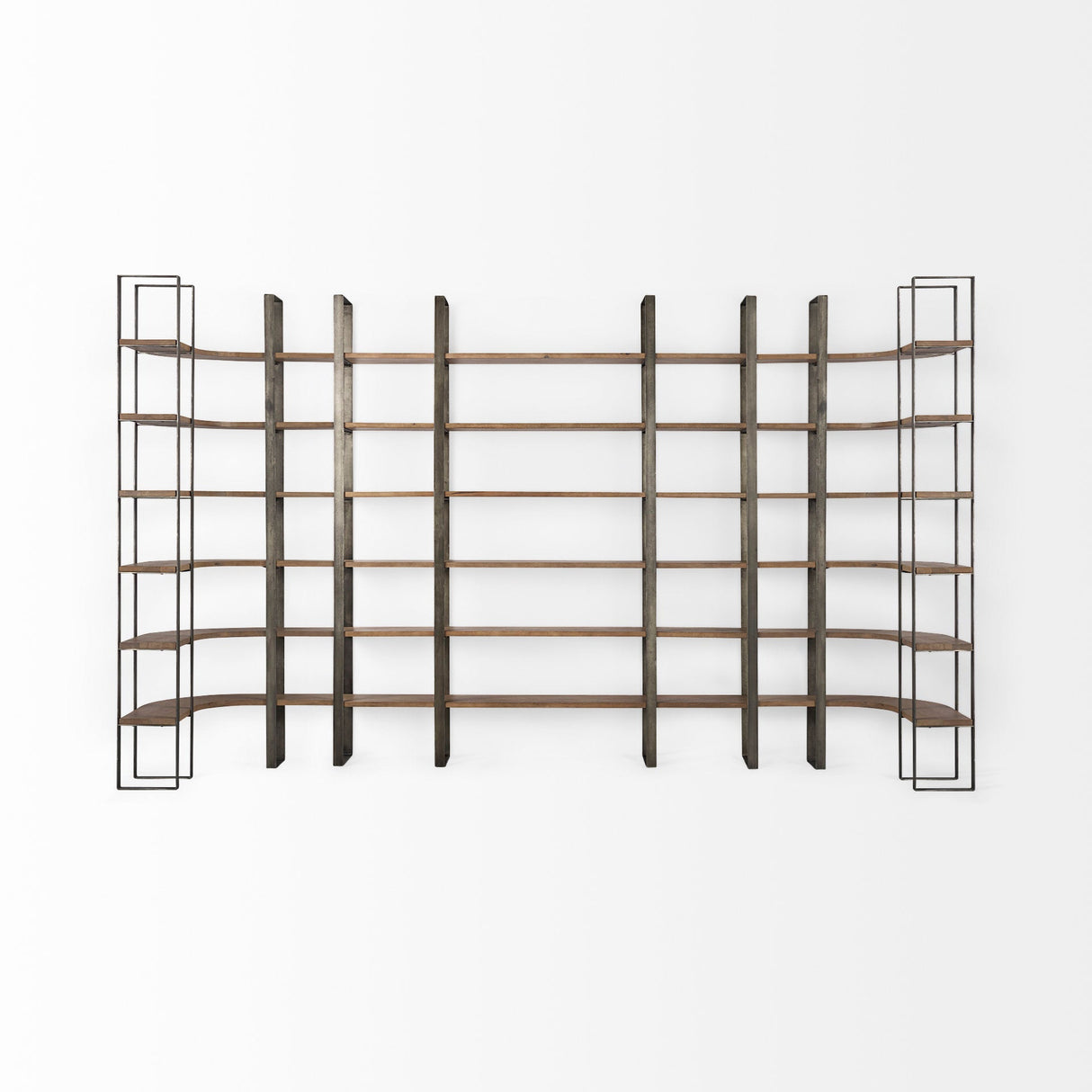 Taunton Medium Brown Wood W/ Antique Nickel Metal Frame 6 Tier Shelving Unit by Mercana at Eve Furniture