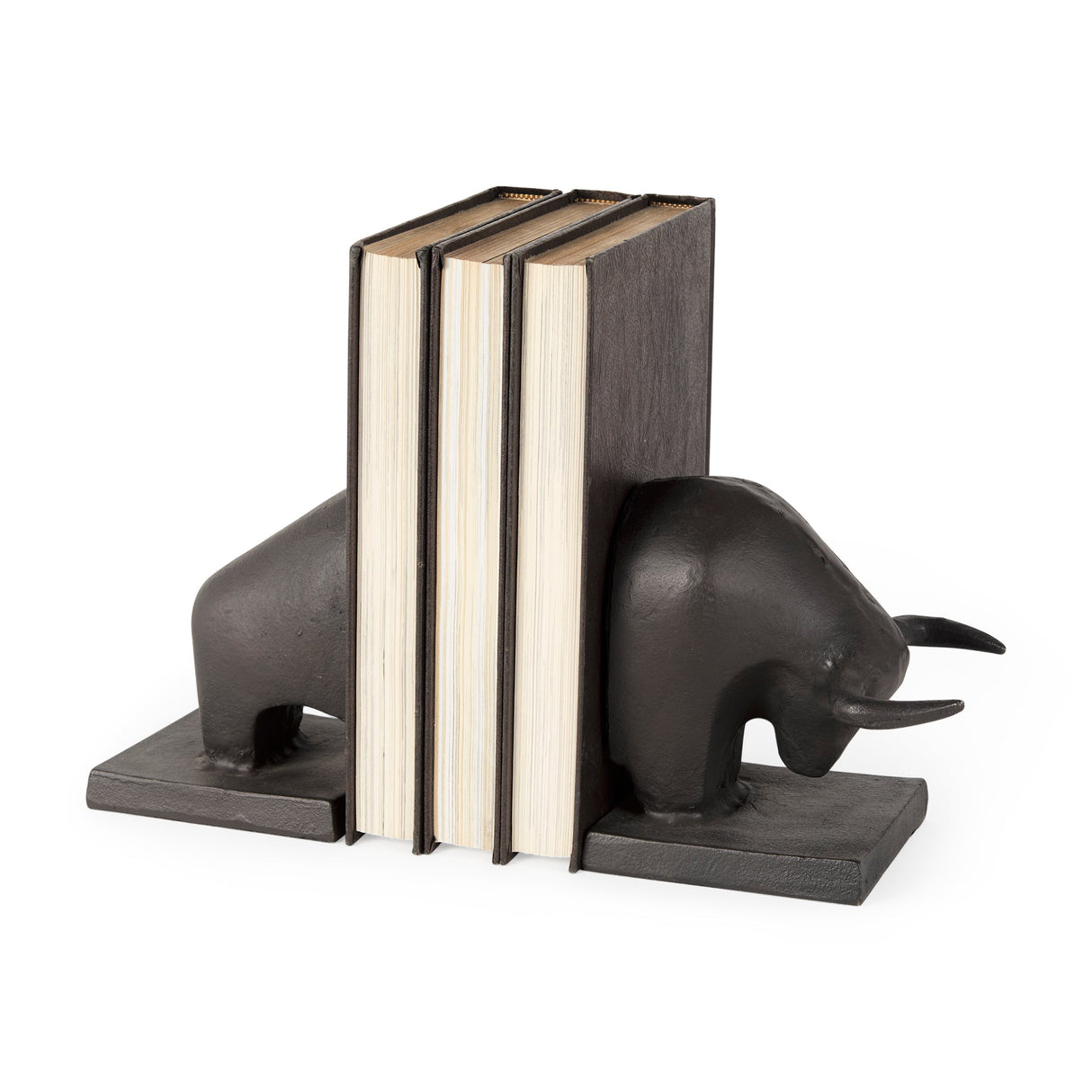 Tauro III (Set of 2) 10L x 5W Black Cast Aluminum Raging Bull Bookends by Mercana at Eve Furniture