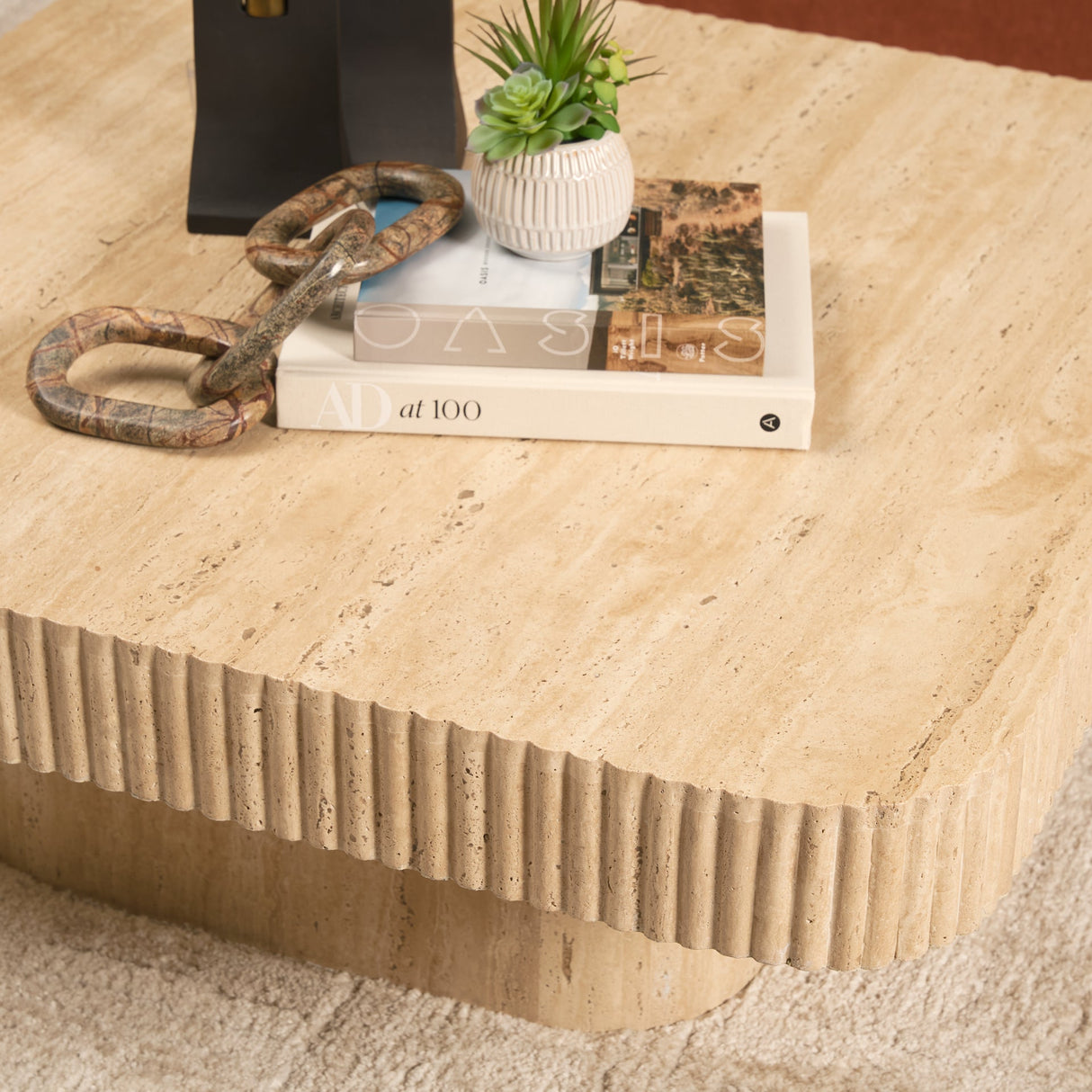 Tavora Ribbed Square Travertine Coffee Table by Mercana at Eve Furniture