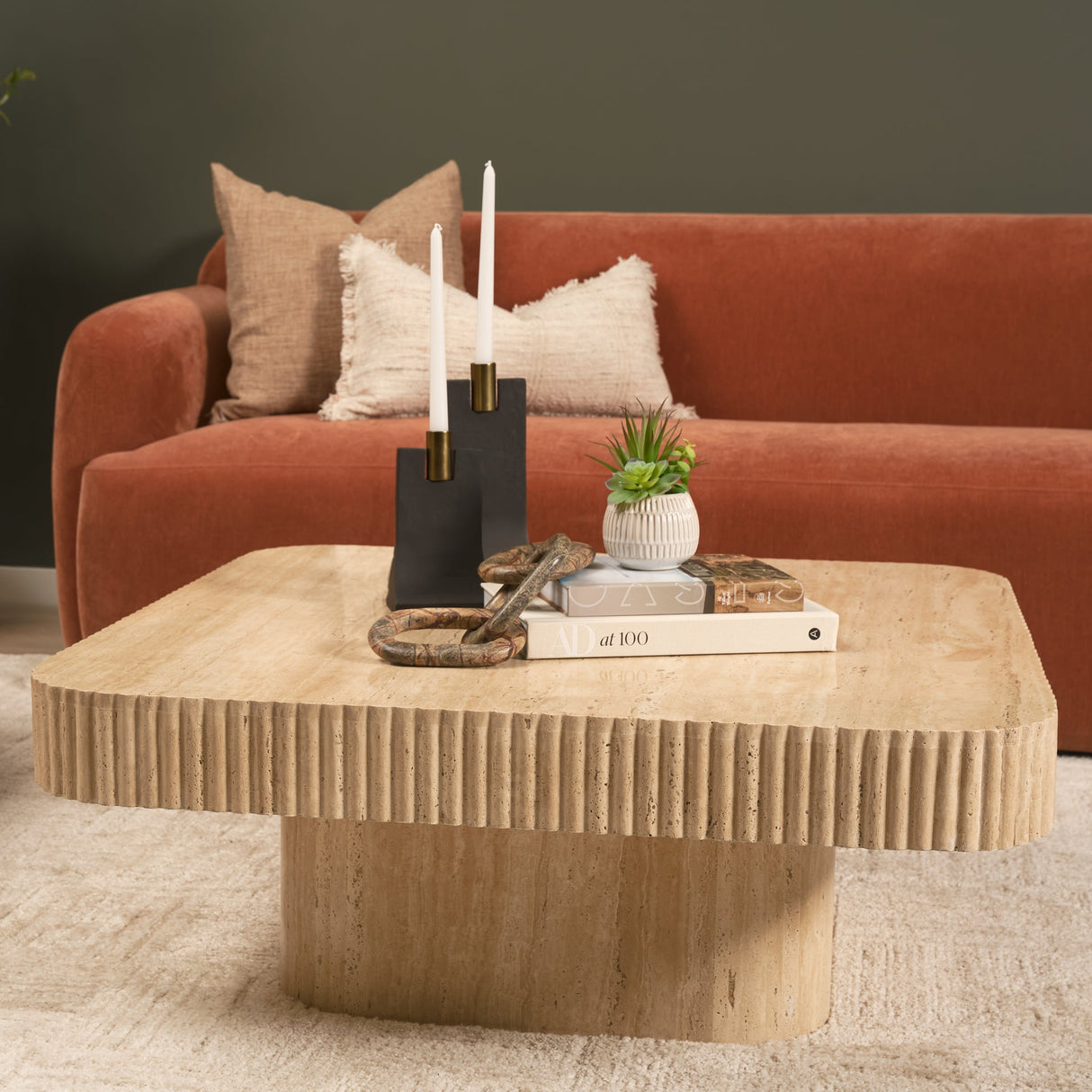 Tavora Ribbed Square Travertine Coffee Table by Mercana at Eve Furniture