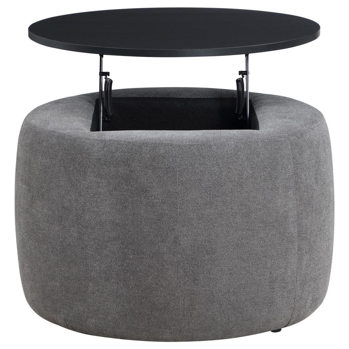 Tesoro Grey and Black Upholstered Round Lift Top Storage Ottoman by Coaster at Eve Furniture