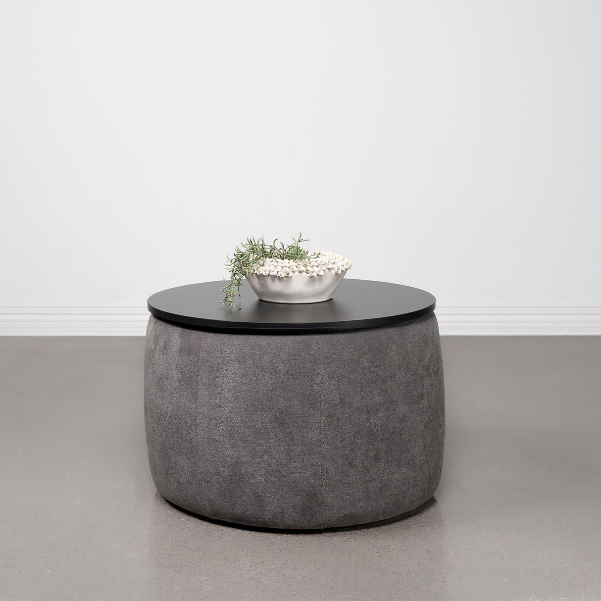 Tesoro Grey and Black Upholstered Round Lift Top Storage Ottoman by Coaster at Eve Furniture