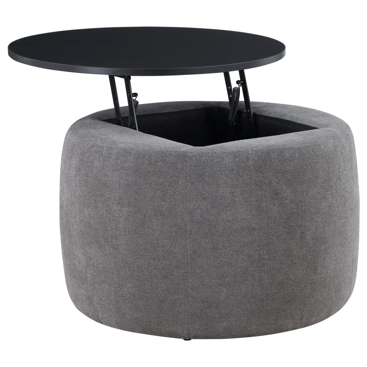 Tesoro Grey and Black Upholstered Round Lift Top Storage Ottoman by Coaster at Eve Furniture