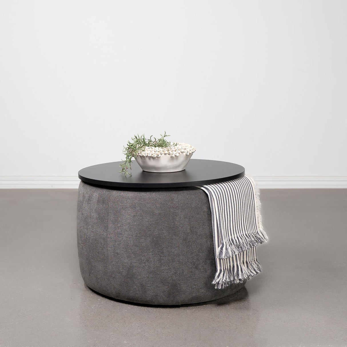Tesoro Grey and Black Upholstered Round Lift Top Storage Ottoman by Coaster at Eve Furniture