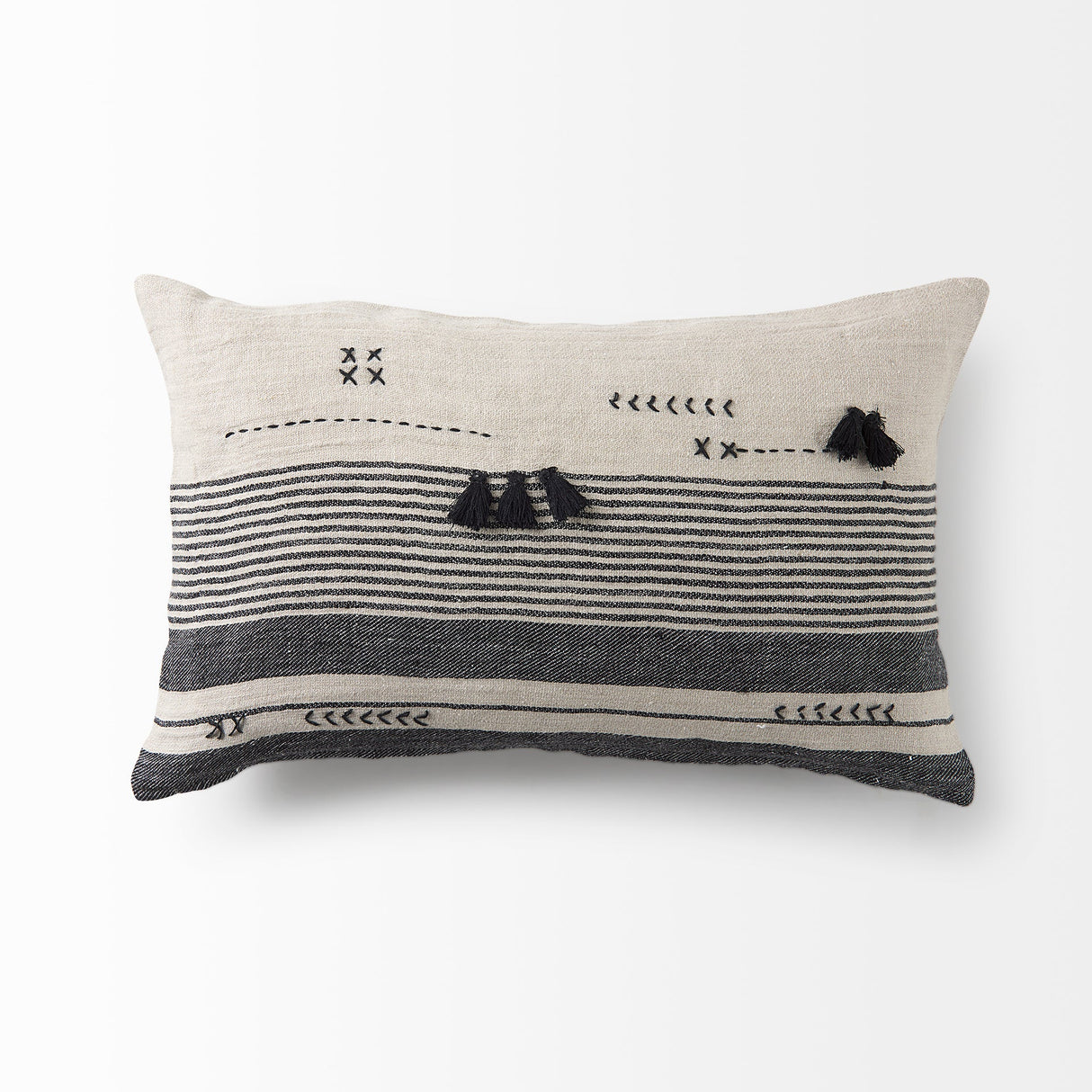 Thalia Black and Beige Fabric Striped w/Fringe Pillow Cover w/Non-Allergen Filler, Set of 2 by Mercana at Eve Furniture