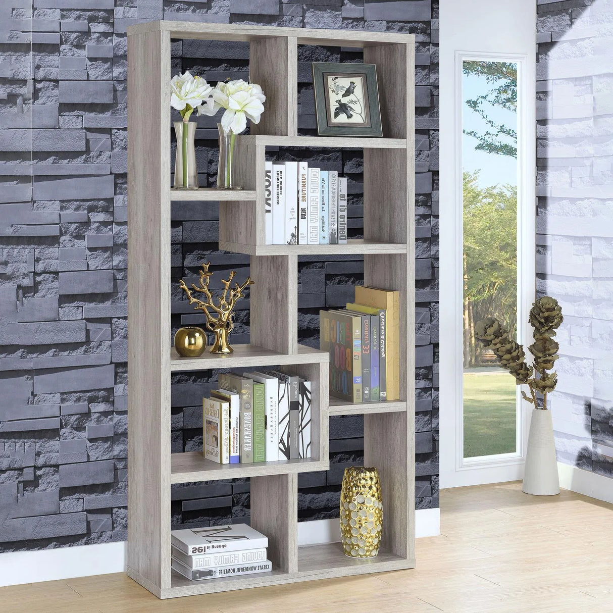 Theo Gray Driftwood 10-Shelf Bookcase by Coaster at Eve Furniture