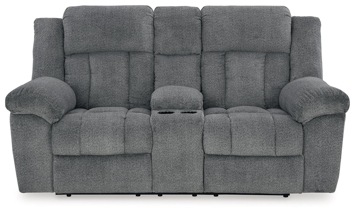 Tip-Off Slate Dual Power Reclining Loveseat by Ashley at Eve Furniture