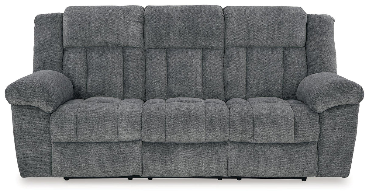 Tip-Off Slate Dual Power Reclining Sofa by Ashley at Eve Furniture
