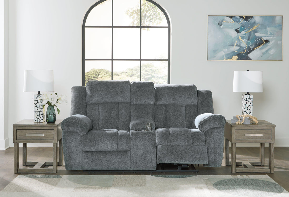 Tip-Off Slate Dual Power Reclining Loveseat by Ashley at Eve Furniture