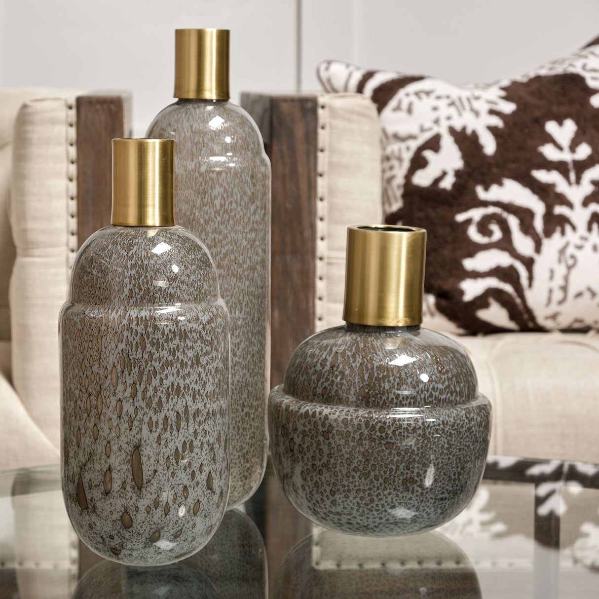 Toba II Tall Brown/Gold Spotted Gourd Style Vase by Mercana at Eve Furniture