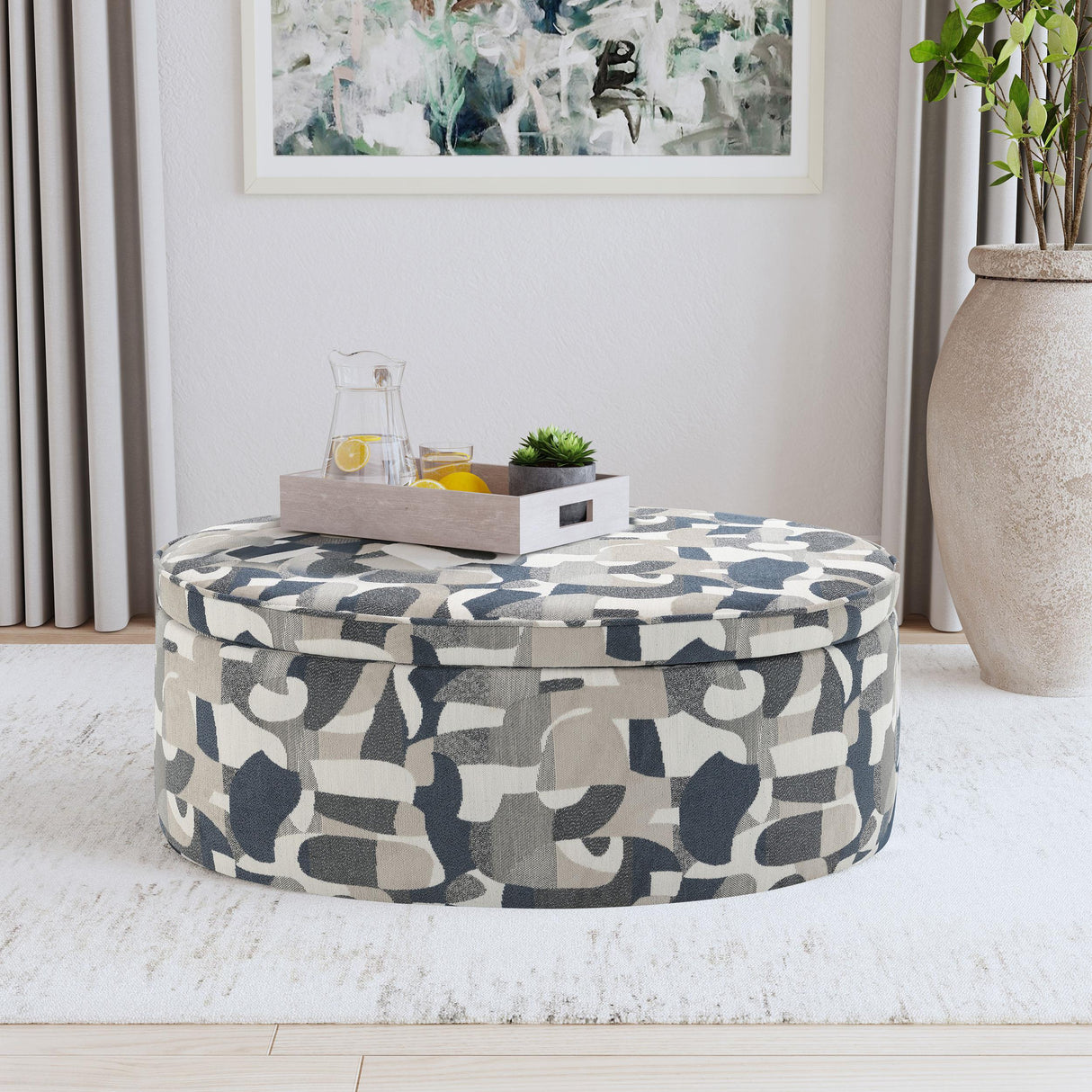 Tomkins Indigo Blue Oval Upholstered Storage Ottoman by Coaster at Eve Furniture